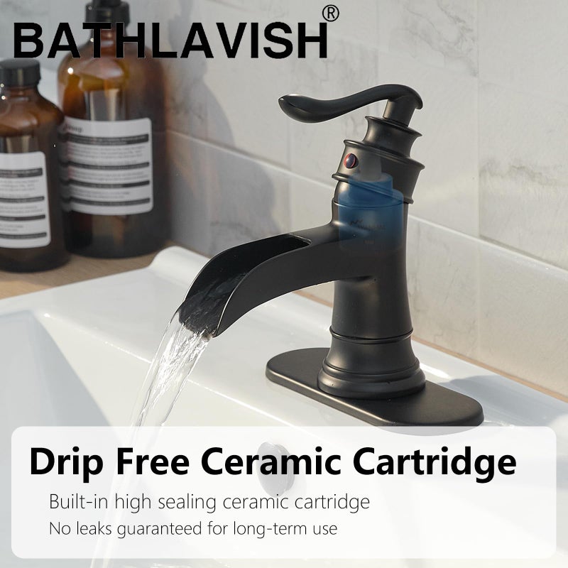 BATHLAVISH Matte Black Waterfall Bathroom Faucet, Single Handle Bathroom Sink Faucet 1 Hole or 3 Hole, Vanity Sink Faucet for Vintage Antique Lavatory Washroom with Pop Up Drain, Deck, 2 Hoses - Image 4